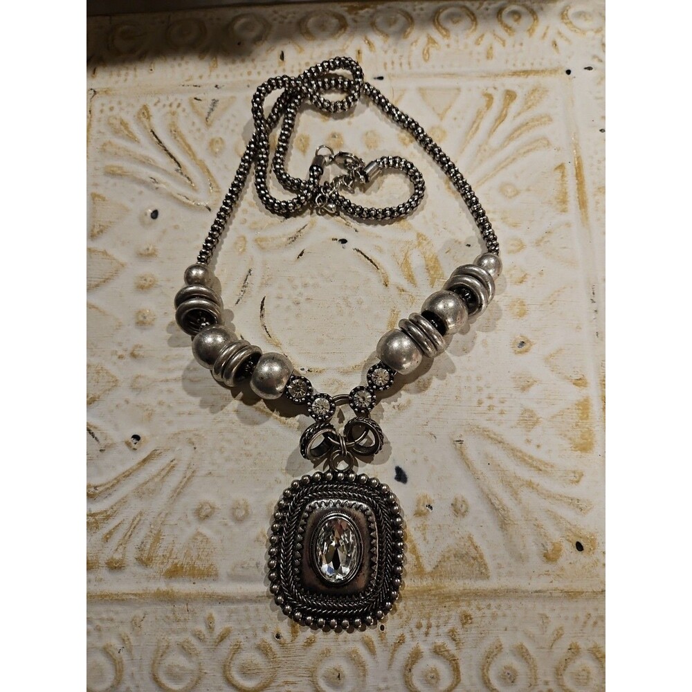 C1946 Signed Silver Toned Cabochon Pendant Necklace Statement Piece